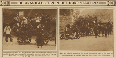 870742 Collage van 2 foto's betreffende de Oranjefeesten ter gelegenheid van Koninginnedag in het dorp Vleuten.